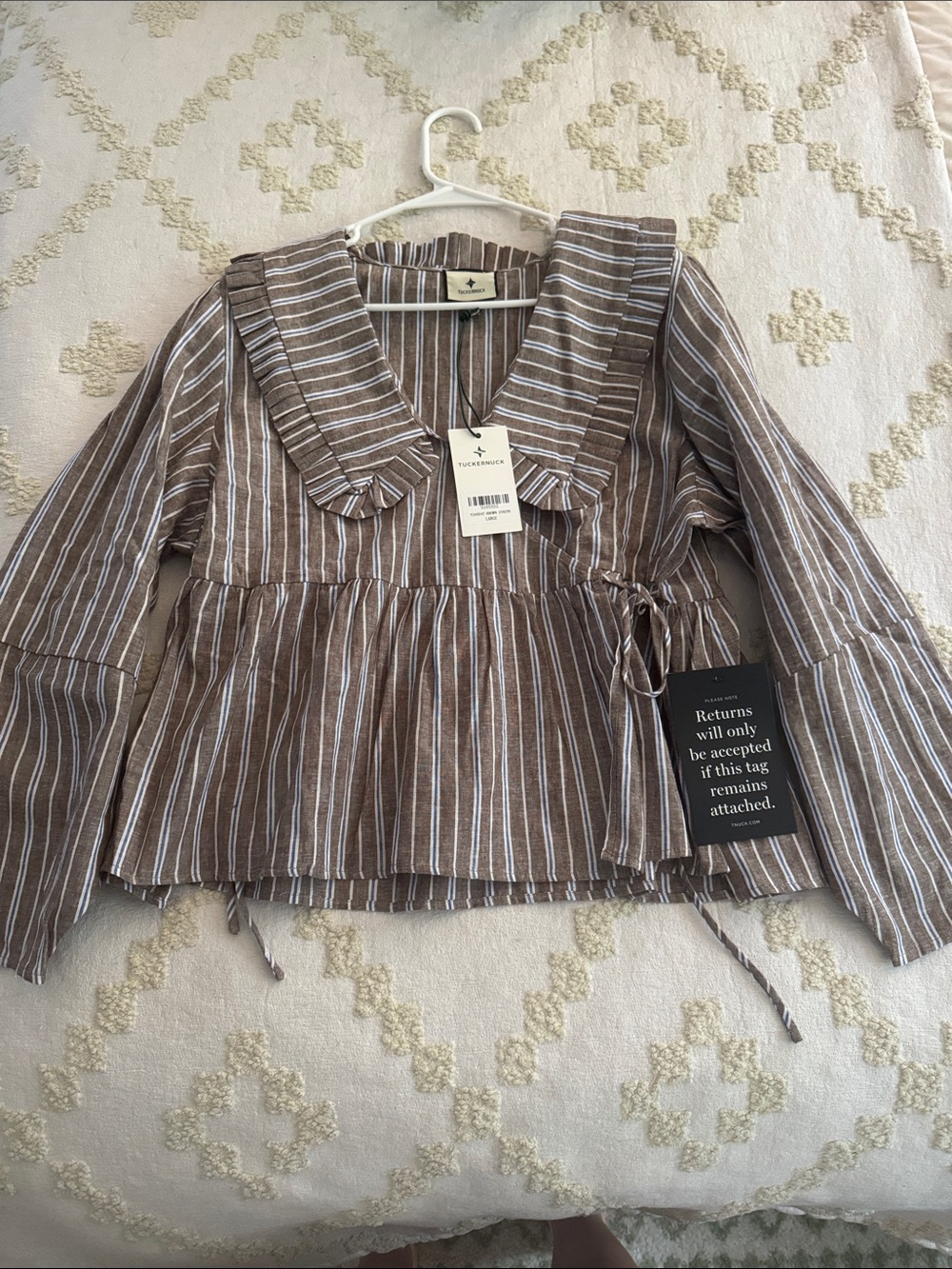 Tuckernuck Brown and White Striped Peplum Tie-Front Tunic